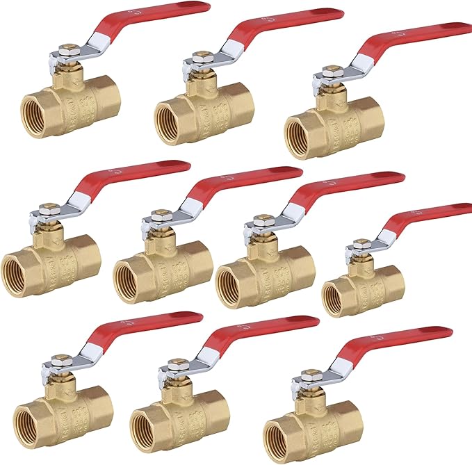 1/2" Heavy Duty Full Port Brass Ball Valve,600 WOG FNPT FIP Threaded Valve for Compressed Air, Water, Plumbing or Oil(10 Pack,Red Handle)(VALVE034-10Pack)