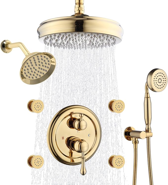 Enga Antique Shower Faucet Sets Dual Heads with 4 Body Jets, 8" + 6" Ceiling & Wall Mount Vintage Shower Head with Handheld Spray Combo, 4 Way Diverter Brass Valve, Bright Gold