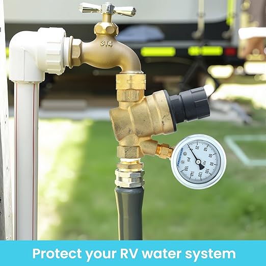 MEASUREMAN Lead-Free RV Pressure Regulator, Pressure Reducer with Liquid Filled Pressure Gauge and Inlet Screened Filter for Camper, RV and Trailer