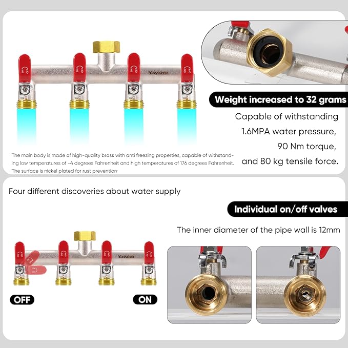 4 Way Garden Hose Splitter, Heavy Duty Brass Nickel Plated Rust Resistant Faucet Manifold, 3/4" Frost Resistant Outdoor Hose Adapter Connector，Hose Spigot Adapter with 4 large red handles