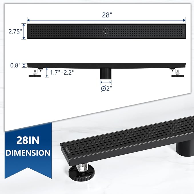 Neodrain 28-Inch Black Linear Shower Drain with Removable Quadrato Pattern Grate,Professional 304 Stainless Steel Rectangle Shower Floor Drain Manufacturer,Leveling Feet,Hair Strainer,Matte Black