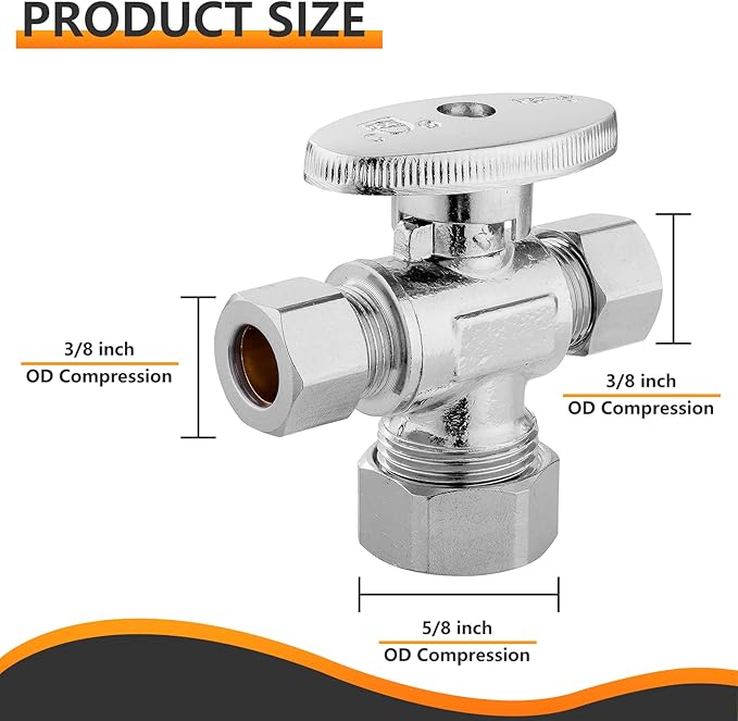 50-PCs HeSun Dual Compression Outlet Angle Stop Valve, 1/2" Nominal (5/8"OD) x 3/8" OD x 3/8" OD Compression, 1/4-Turn Shut Off Valve for Bathroom, PEX Chrome Plated Brass(VALVE123-50)