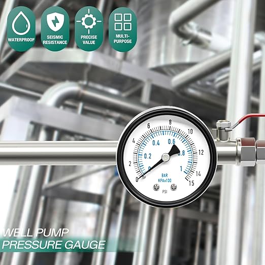 0-15PSI Well Pump Pressure Gauge 2" Dial Size, 1/4" NPT Back Mount, 3-2-3% Accuracy, for Tube, Water Pump, Gas, Liquid, Pressure Test