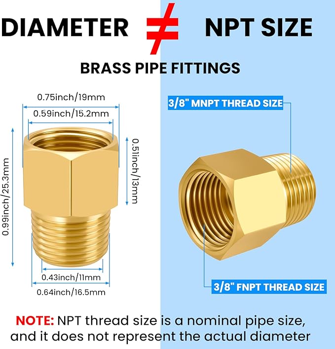 SDTC Tech 2-Pack Brass Pipe Fitting 3/8 NPT Male Thread to 3/8 NPT Female Thread Reducer Adapter, Brass Pipe Extension Connectors