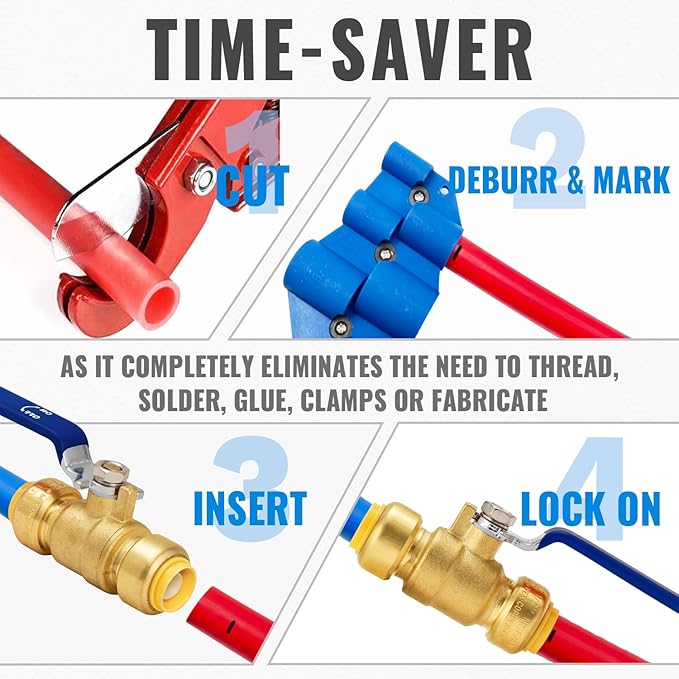 SUNGATOR 1/2" Shut Off Valve, Ball Valve 1/2 Inch, Pushfit Water Shutoff, No Lead Brass Push-to-Connect Plumbing Fittings for Pex Pipe, Copper, CPVC, with 1 Disconnect Clip, Pack of 2