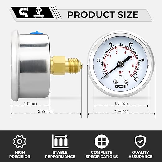 0-100 Psi Low Pressure Gauge, 2" Dial Size, 1/4 NPT Back Mount, Stainless Steel Case for Water Pressure Gauge Test for Water Pipe, HVAC(with Tape)