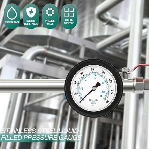 0-160PSI Stainless Steel Liquid Filled Pressure Gauge, 2.5" Dial Size, 1/4" NPT Back Mount, with Rubber Protective Sleeve, for Tube, Water Pump, Gas, Liquid, Pressure Test
