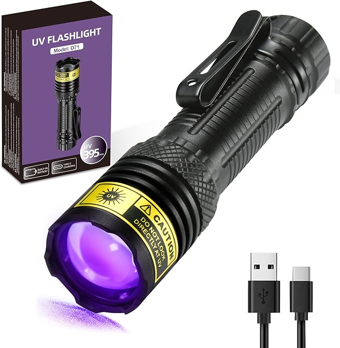 DARKDAWN UV Flashlight 395nm Black Light Mini USB Rechargeable Ultraviolet LED Blacklight Woods Lamp Powerful Fluorescent Portable Detector for Pet Urine Stains, Scorpions, Resin Curing