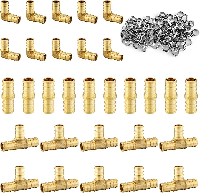 130 Pack Foskan 1/2 Inch PEX Brass Fittings Set, 10 PCS Each Elbows Tees Straight Couplings,With 100 PCS Clamp rings,PEX Crimp Barb Fitting Kit