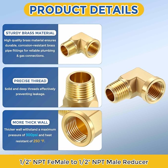 2 Pack Brass Pipe Fittings, 90 Degree 1/4" NPT FeMale to 1/4" NPT Male Barstock Street Elbow, Forged Pipe Fitting Connector for Air, Oil, LP