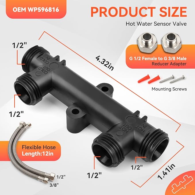 WP596816 Replacement Sensor Valve Kit, 4.5 Inch Sensor Valve, 2 x 12 Inch Supply Lines, 367010 595926 Instant Hot Water Recirculating Pump System