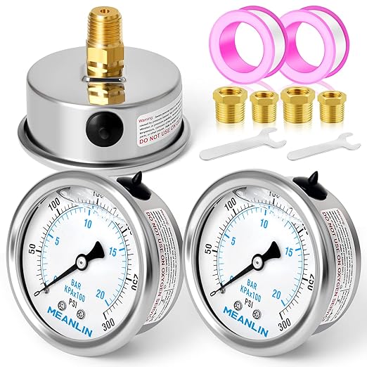 MEANLIN MEASURE 0~300Psi Stainless Steel 1/4" NPT 2.5" FACE DIAL Liquid Filled Pressure Gauge WOG Water Oil Air Back Mount (Pack of 2), with 1/2" NPT and 3/8" NPT Hex Bushing