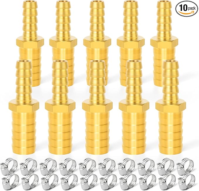 GASHER 10 Pieces Brass Hose Barb Reducer, 1/2 Inch to 1/4 Inch Barb Hose ID with 20 Hose Clam, Brass Barb Reducer SPLICER Fitting Fuel/AIR/Water/Oil/Gas/WOG