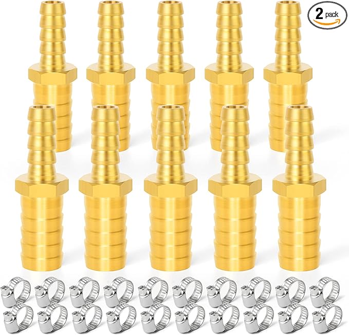 GASHER 2 Pieces Brass Hose Barb Reducer, 1/4 Inch to 1/8 Inch Barb Hose ID with 4 Hose Clam, Brass Barb Reducer SPLICER Fitting Fuel/AIR/Water/Oil/Gas/WOG