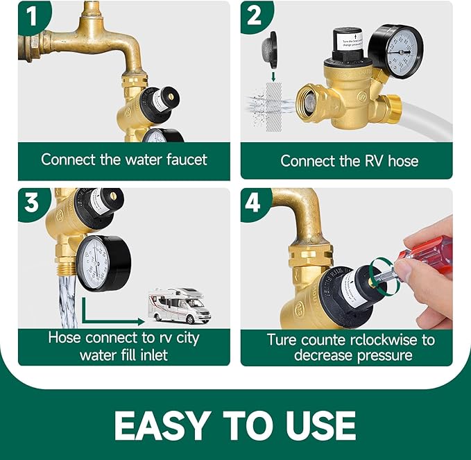 RV Water Pressure Regulator, Brass Lead-Free Adjustable Water Pressure Reducer with Pressure Gauge, includes 2-in-1 Screwdriver, 2 Strainers, Raw Tape for RV Camper and Travel Trailer, Yard.