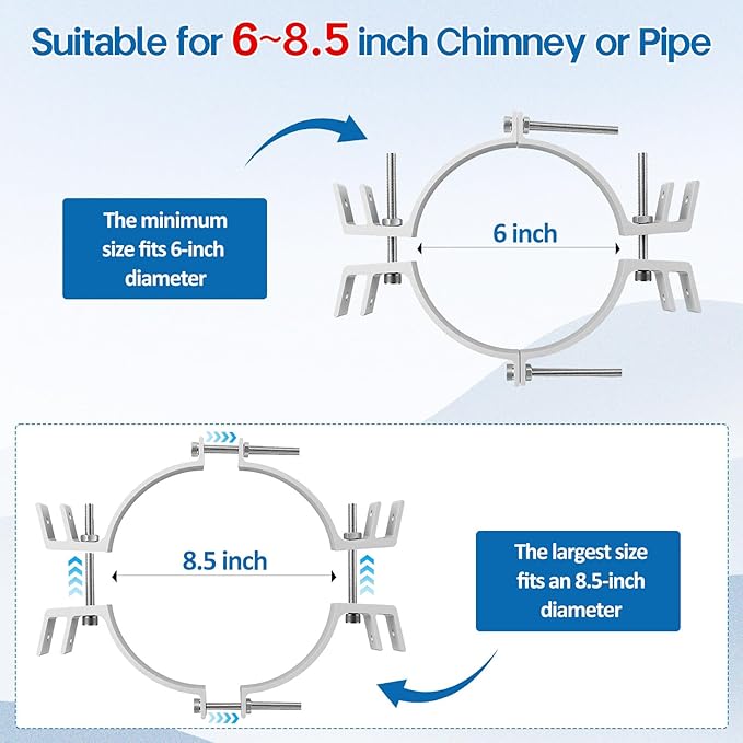 Newly Upgraded Chimney Pipe Support Bracket Kit, Four-Legged Support, Fits 6~8.5 Inch Adjustable Design— Rugged Aluminum and Stainless Steel Materials, Stable Against Wind & Snow