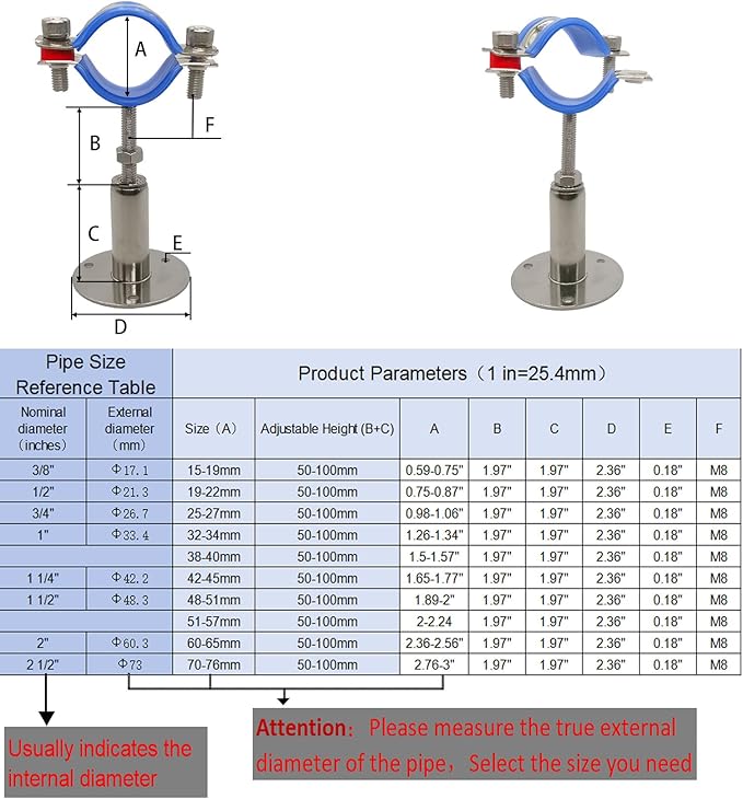 Wall Mount Ceiling Mount Pipe Supports,Adjustable Pipe Clamps Stainless Steel 304,2PCS Suitable for Pipe OD 38-40mm Adjustable Height 50-100mm