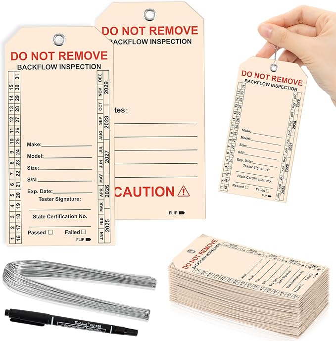 100 PCS Waterproof Backflow Inspection Tags 2.6 x 5.2 Inch Heavy Duty 18 Mil Writable Plastic Tags with Iron Wire & Pen Double-Sided Printing Pre-Punched Holes Maintenance Record for Backflow (Beige)