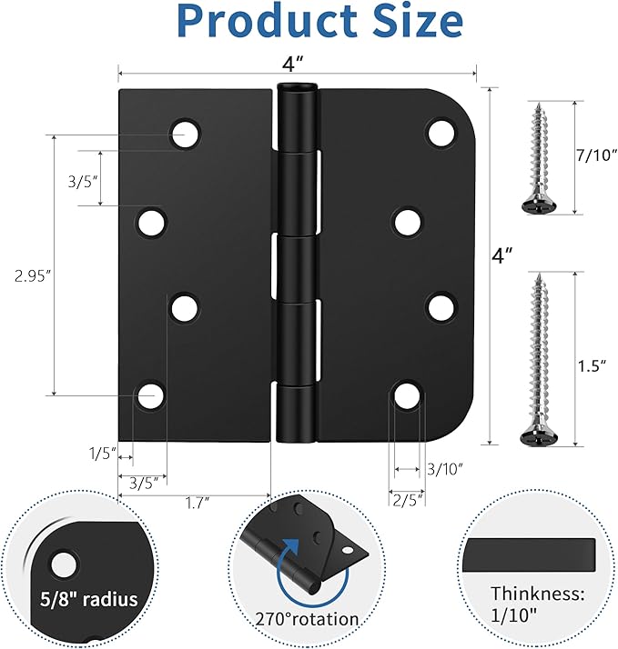 12 Pack Matte Black Door Hinges 4 Inch, Exterior Door Hinges with 5/8" Radius & Square Corners, Removable Pin, Perfect for Heavy-Duty Front & Back Door, Anti-Rust & No Squeaks