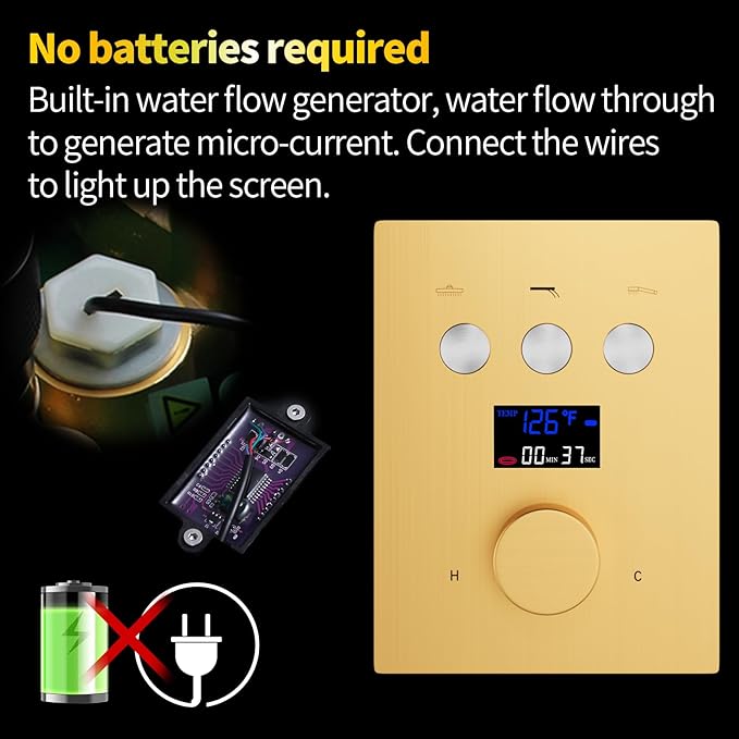 AYIVG Brushed Gold Thermostatic Mixer Valve Temperature Display 3 Way Function Shower Diverter Valve Brass Faucet Shower Rough-In Mixer Valve Kit Can Use All Options At a Time
