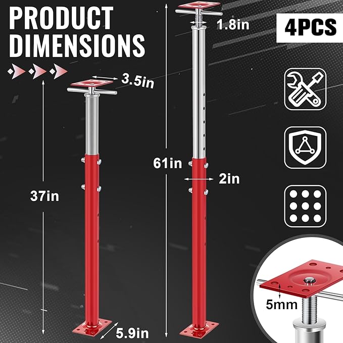 2 Pcs Adjustable Jack Post, 37"-61" Height Range, Basement Floor House Screw Jacks for Lifting Joist Beam Brace for Cellar Ceiling, Center Point Load Capacity 11023 Lbs, Red