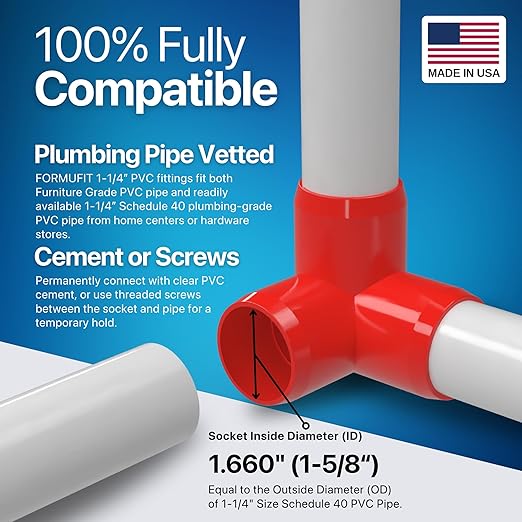 FORMUFIT 1-1/4" 3-Way Elbow Furniture Grade PVC Fitting in Red, Made in USA, UV-Resistant, Impact-Proof, 1.660" Actual Socket Diameter (Pack of 4)