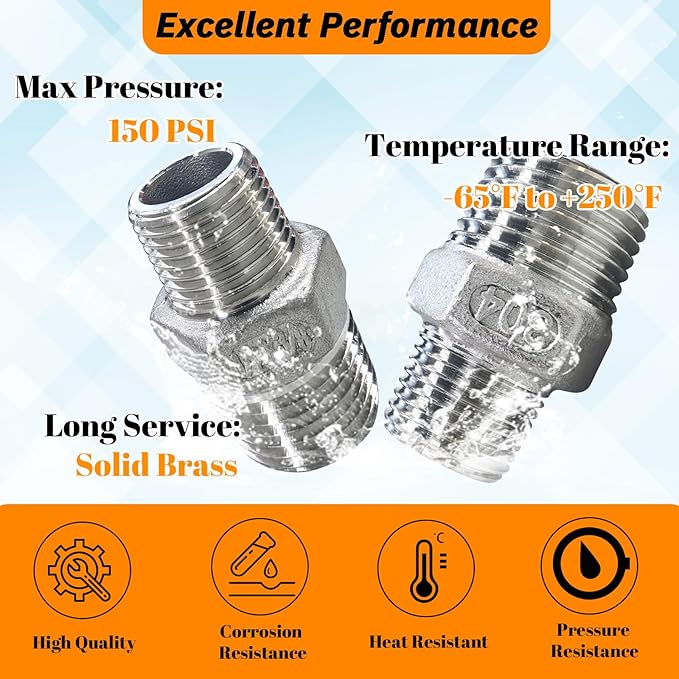 2pcs 1/2" NPT x 3/8" NPT Stainless Steel Nipple, 1/2 to 3/8 Adapter Fitting Reducing Solid Hex Stainless Steel Nipple, Male Reducer for Extending and Connecting Pipes