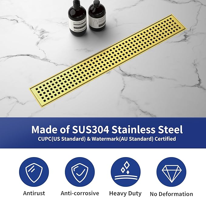Linear Shower Drain 18", 304 Stainless Steel Floor Drain with Grid Drain Cover & Hair Strainer, Rectangular Shower Drain w/CUPC Certified, Brushed Gold