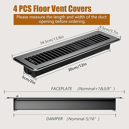 4PCS Floor Vents Floor Registers 2x12 Inch, Heavy Duty Metal Hot Air Vent Covers 2x12 Inch with Rust-Proof Finish for Home Heater Floor Vent Grilles and Vents