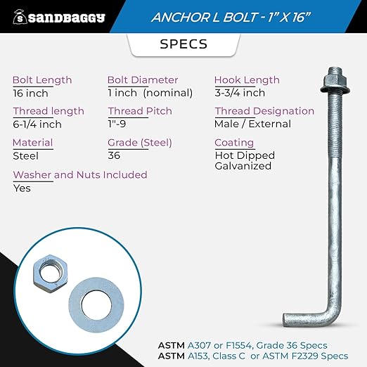 Sandbaggy 1" x 16" Threaded Concrete Anchor L-Bolts (Nuts & Washers Included) - Hot Dipped Galvanized - Sill Plate, Base Plate, Masonry, Wood, Cement Anchors, J Bolt (1, 1" x 16")
