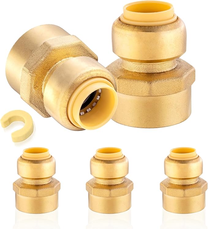 5-Pack HeSun Pushfit Female Adapter, 1" FNPT x 3/4" Push to Connect Plumbing Fittings with Disconnect Clip, Brass Push-fit Fittings for PEX, Copper, CPVC, PE-RT Pipes(PF136-5)