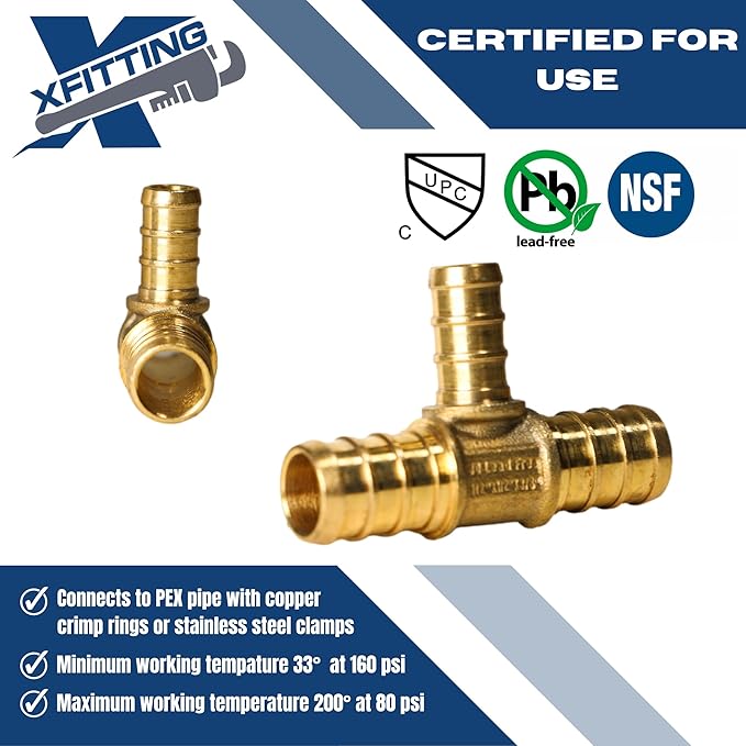 XFITTING 1/2 inch x 1/2 inch x 3/8 inch Pex Tee, Pex B Reducing Tee Crimp Version 25-5-1=10X, 10 Pieces