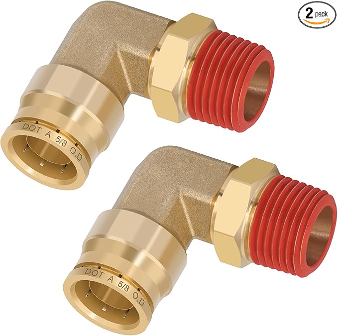 5/8" Quick Push to Connect Fittings Brass 90 Degree Union Swivel Elbow Joint DOT Approved 5/8" Tube OD x 1/2" NPT Thread Air Brake Line Adapter Air Suspension Kit for Car Truck Trailers 2pcs
