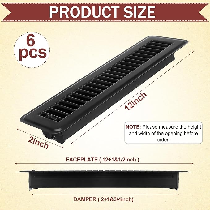 Tandefio 6 Pcs 2" x 12" Floor Register Vent Covers Metal Heavy Duty Walkable Floor Air Vent Covers with Rust Proof Finish Grille Easy Adjust Air Supply Lever for Home Wall Ceiling (Black)