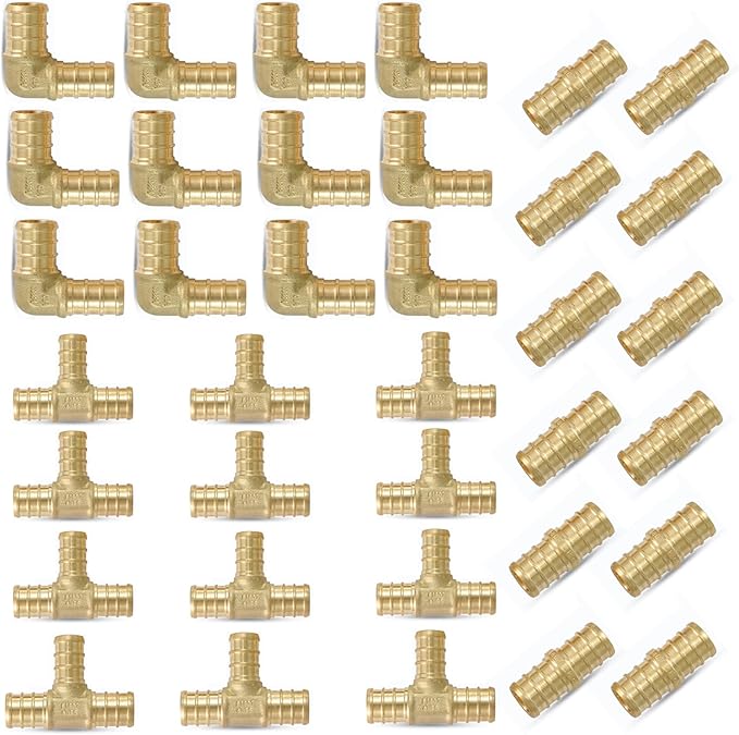 (Pack of 36) 1/2" PEX Fittings,90 Degree Elbow (12 PCS) + Tee (12 PCS) + Straight Coupling (12 PCS),Pex Brass Crimp Fitting Combo for PEX Pipe Tubing Connection,ASTM F1807