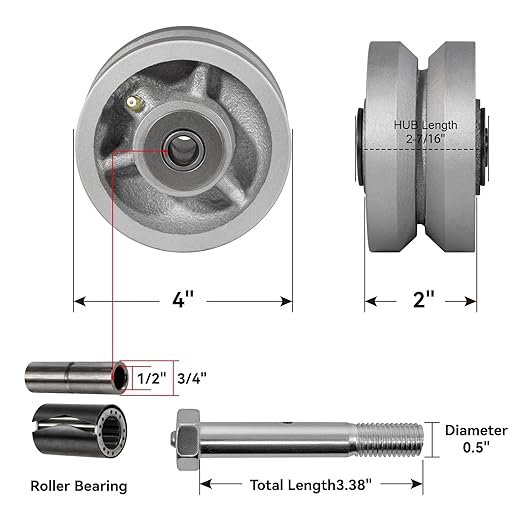 4" X 2" Sliding Gate Wheels,（2 Pack） Cast Iron V Groove Wheel with Roller Bearing-700 lbs Capacity, Rolling Gate Wheels, Sliding Gate Casters, Gate Wheels for Metal Tube Gate, Silver