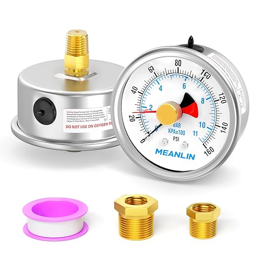 MEANLIN MEASURE 0~160Psi Stainless Steel 1/4" NPT 2.5" FACE DIAL with Reset Pointer Liquid Filled Pressure Gauge WOG Water Oil Air, Back Mount, with Brass Hex Bushing