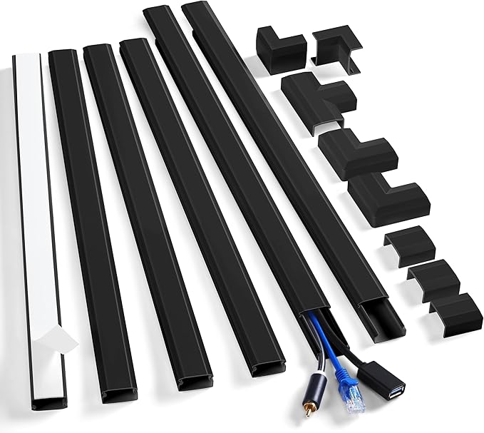 ZhiYo Cord Cover Wall Kit, 94.5in Cord Hider Wall Mounted TV, Self-Adhesive Wire Covers for Cords, Paintable Wire Hiders Cable Raceway Kit, Cable Concealer, 6 x L15.7in W0.98 H0.5in, Black