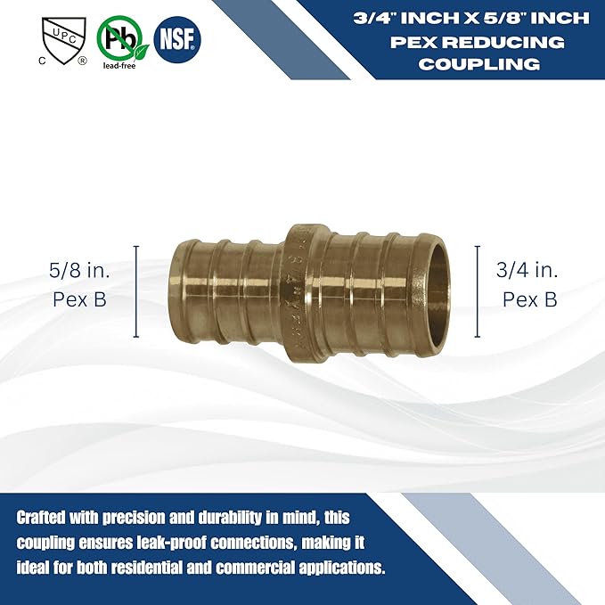 XFITTING 25 PCs Pex Coupling, 3/4 Inch x 5/8 Inch, Brass, Coupling, .75" x .625"