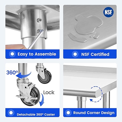 Hally Stainless Steel Table for Prep & Work 24 x 48 Inches with Caster Wheels, NSF Commercial Heavy Duty Table with Undershelf and Backsplash for Restaurant, Home and Hotel
