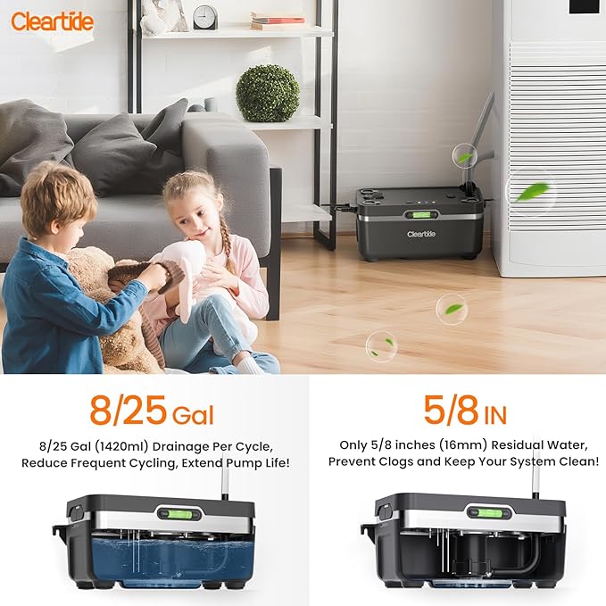 Cleartide Condensate HVAC Pump, Ultra-Quiet 25dB, 1/50 HP 110 GPH, Automatic Condensate Removal Pump with Safety Switch for Air Conditioner/Furnace/Dehumidifier, 100-240V, 23.6ft Head Height
