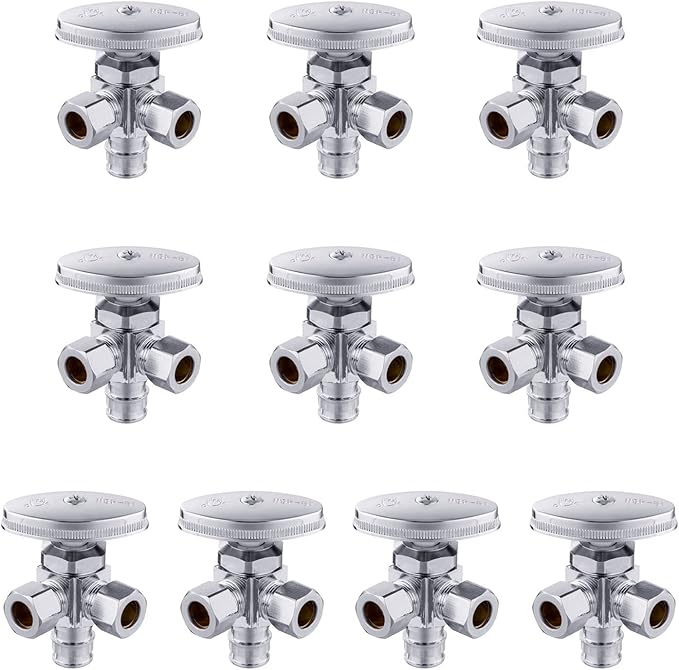 (Pack of 10) EFIELD Dual Outlet Angle Stop Valve, Multi-Turn, 1/2" Expansion F1960 Pex-a Pipe Inlet x (3/8 inch x 3/8 inch) Compression Outlet,(VALVE066-10PCS)