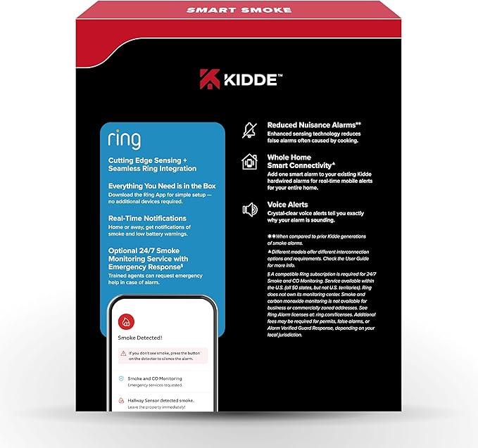 Kidde Smart Smoke Detector, Ring App Enabled for Real-Time Notifications, Hardwired Alarm, AA Backup Battery