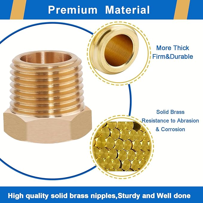 4PCS Heavy Duty Brass Reducer Hex Bushing, 3/4" NPT Male to 1/4" NPT Female, Threaded Reducing Pipe Fitting Adapter, 1200 PSI, Ideal for Plumbing, Fuel Lines, and Pneumatic Systems