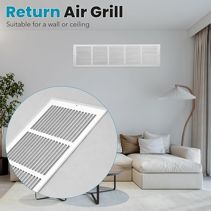 VOISEN Return Air Grille,Fits 30x8 Duct Opening,Steel Return Vent Cover, White Vent Cover Grill for Sidewall and Ceiling,HAVC Cold Air Return Vent Cover,Overall Size:31.8"W X 9.8"H