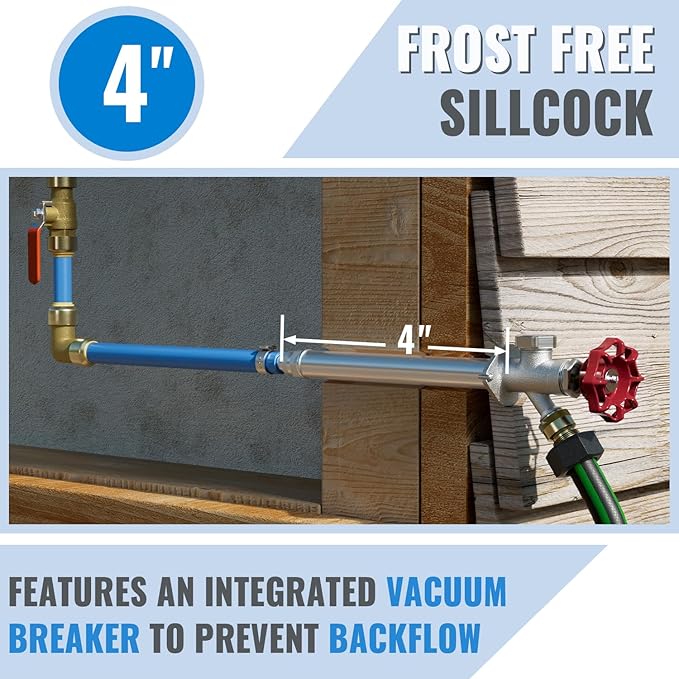SUNGATOR 4 Inch Frost Free Sillcock, Anti-Siphon Outdoor Hose Valve, 1/2" PEX x 3/4" GHT Hose Bibb, No Lead Brass Garden Faucet/Spigot, Frost Proof Outdoor Water Faucet for PEX Pipe