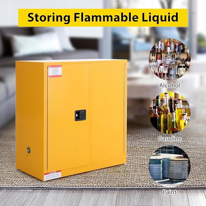 Flammable Storage Cabinet 43" x 18" x 44", 30 Gallon Galvanized Steel Flammable Liquid Storage Locker with Adjustable Shelves & Manual-Close Doors, OSHA Compliant Hazardous Material Cabinet, Yellow