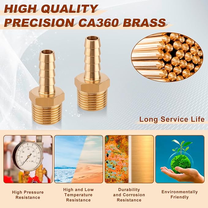 5pcs Brass Hose Barb Fittings 5/16 Inch Barb to 3/8 Inch NPT Male Thread Air Hose Fittings Adapter Connector Water Fuel Air Line Fittings 5/16” × 3/8” NPT Brass Fittings
