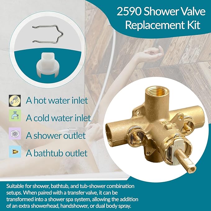 2590 Shower Valve, Shower Valve Replacement for Moen Valve-1/2 Inch IPS Connections, Pressure Balancing Cycling 4 Port Tub and Brass Shower Valves with Stops. Includes 1222 Cartridge