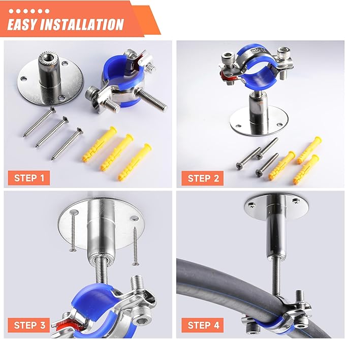6PCS 304 Stainless Steel Wall Mount Ceiling Mount Pipe Supports,Suitable for OD Pipe 38-40mm,Adjustable Height 20-40mm,Adjustable Pipe Strap Clamp with Screws